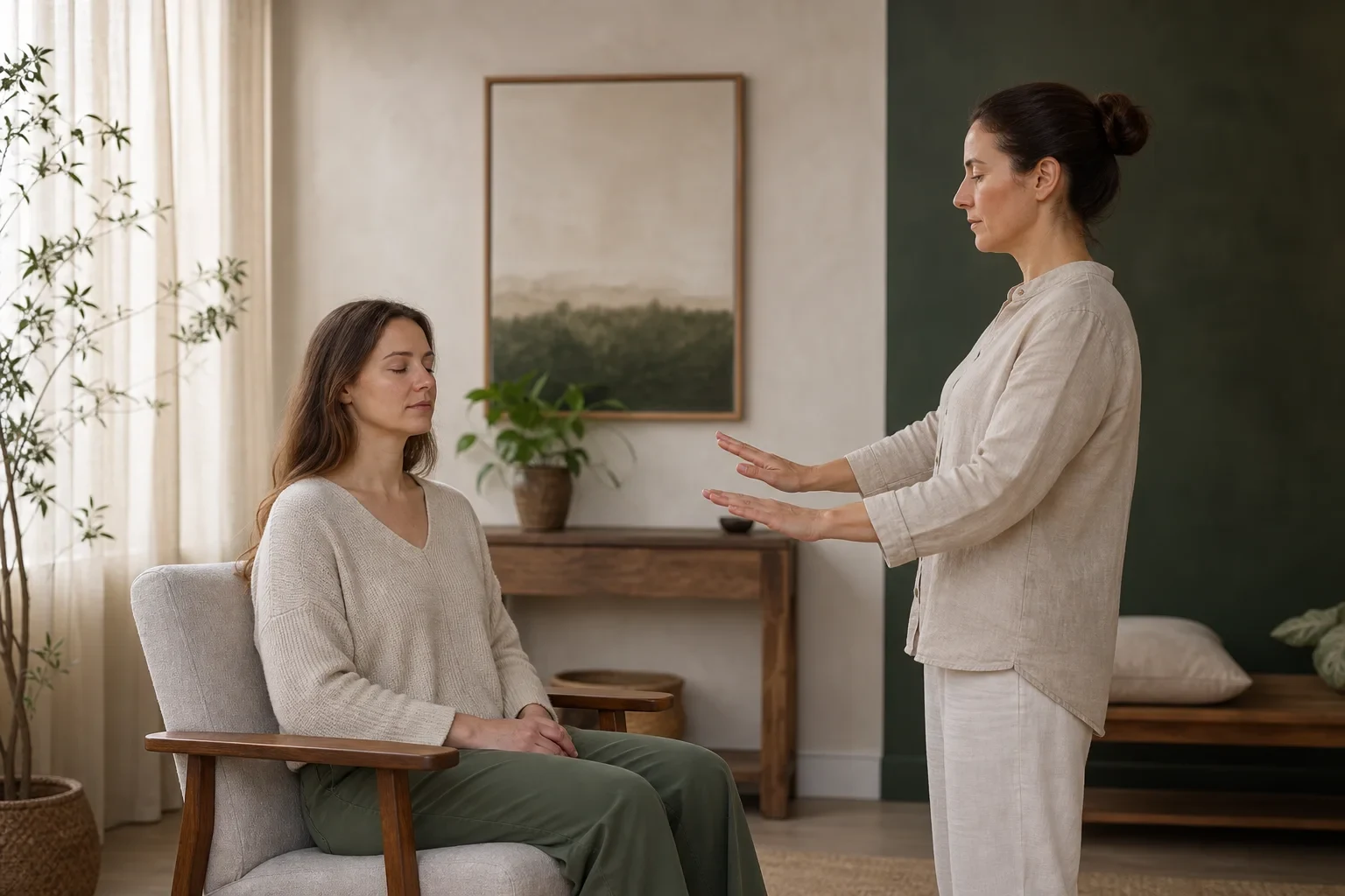 Practitioner and client in an in-person biotherapy session setting.